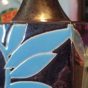 Brown Vase with Black Speckled paint and Light Blue Leaf Design